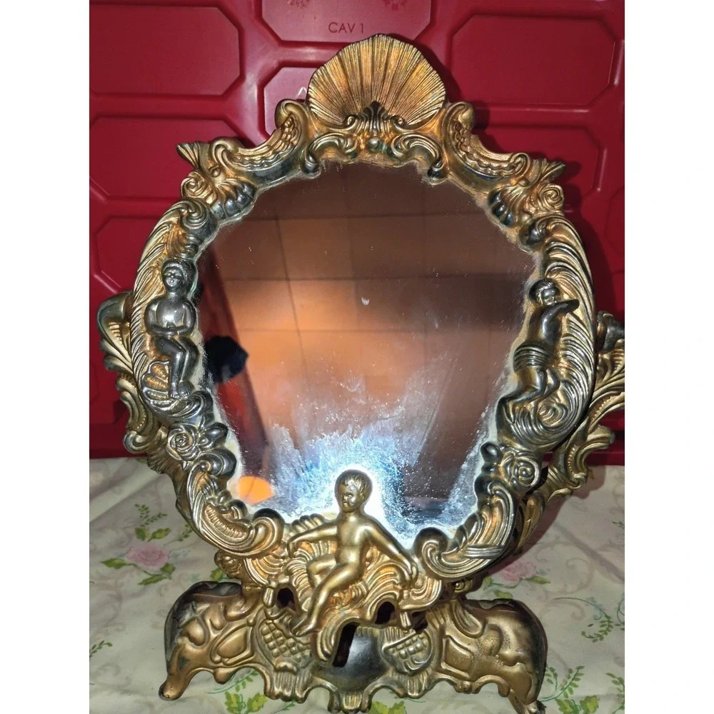 Vintage Silver Plated Cherub Countertop Vanity Mirror